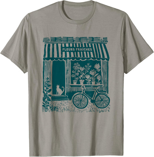 Cute Parisian Flower Shop Whimsical Art Cat France Souvenir T-Shirt - T-Shirt | Sand