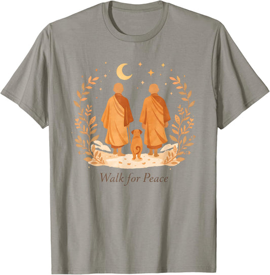 Minimalist Zen Art Walk for Peace Monks with Aloka Dog T-Shirt - T-Shirt | Sand