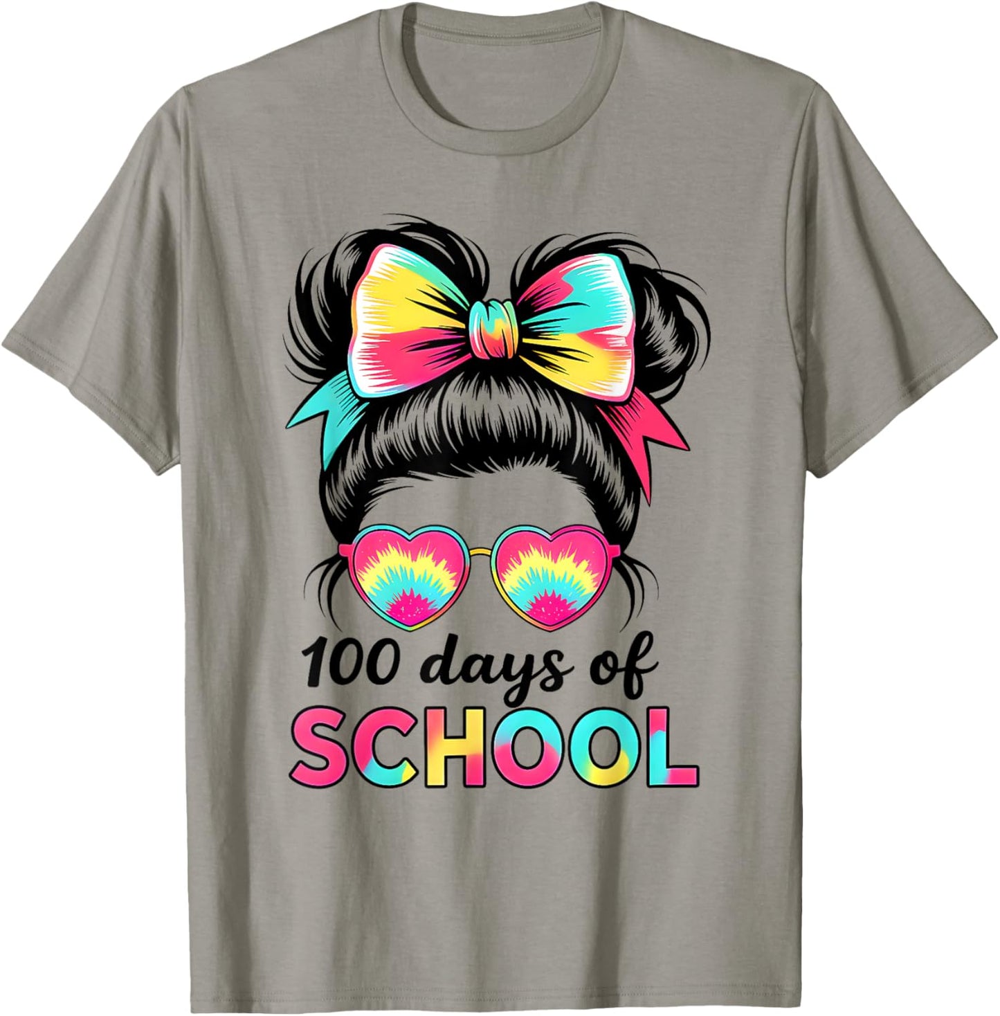 100 Days of School Girls Kids Messy Bun 100th Day of School T-Shirt - T-Shirt | Sand