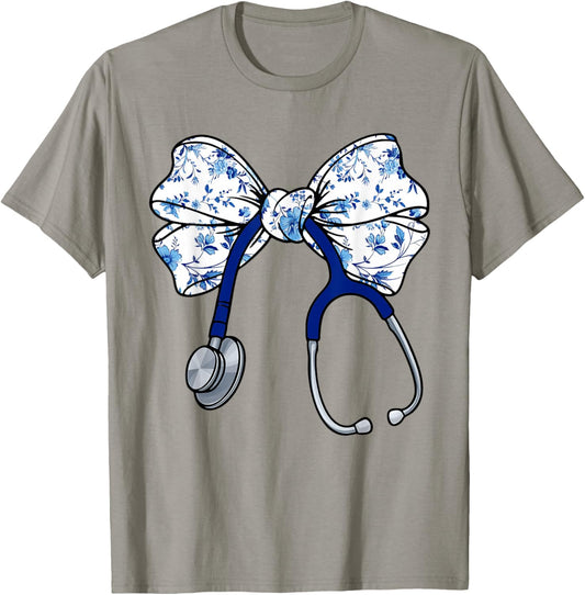 Floral Blue Coquette Bow Nurse Stethoscope Nursing Doctor T-Shirt - T-Shirt | Sand