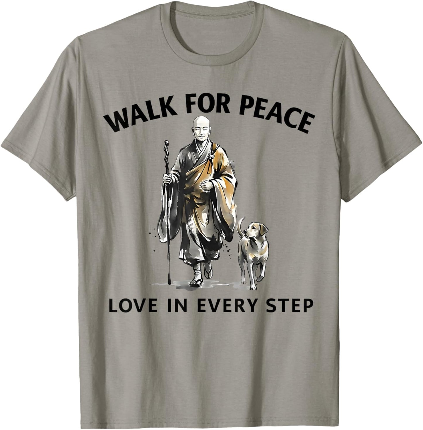 Retro Peace Walking Monks & Dog Minimalist Zen Art T-Shirt - T-Shirt | Sand