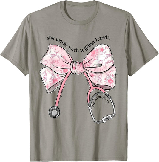 She Works with Willing Hands Nurse Faith Stethoscope Bow T-Shirt - T-Shirt | Sand