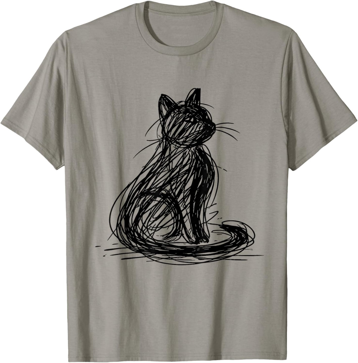 Black Scribble Cat Minimal Line Art Japanese T-Shirt - T-Shirt | Sand