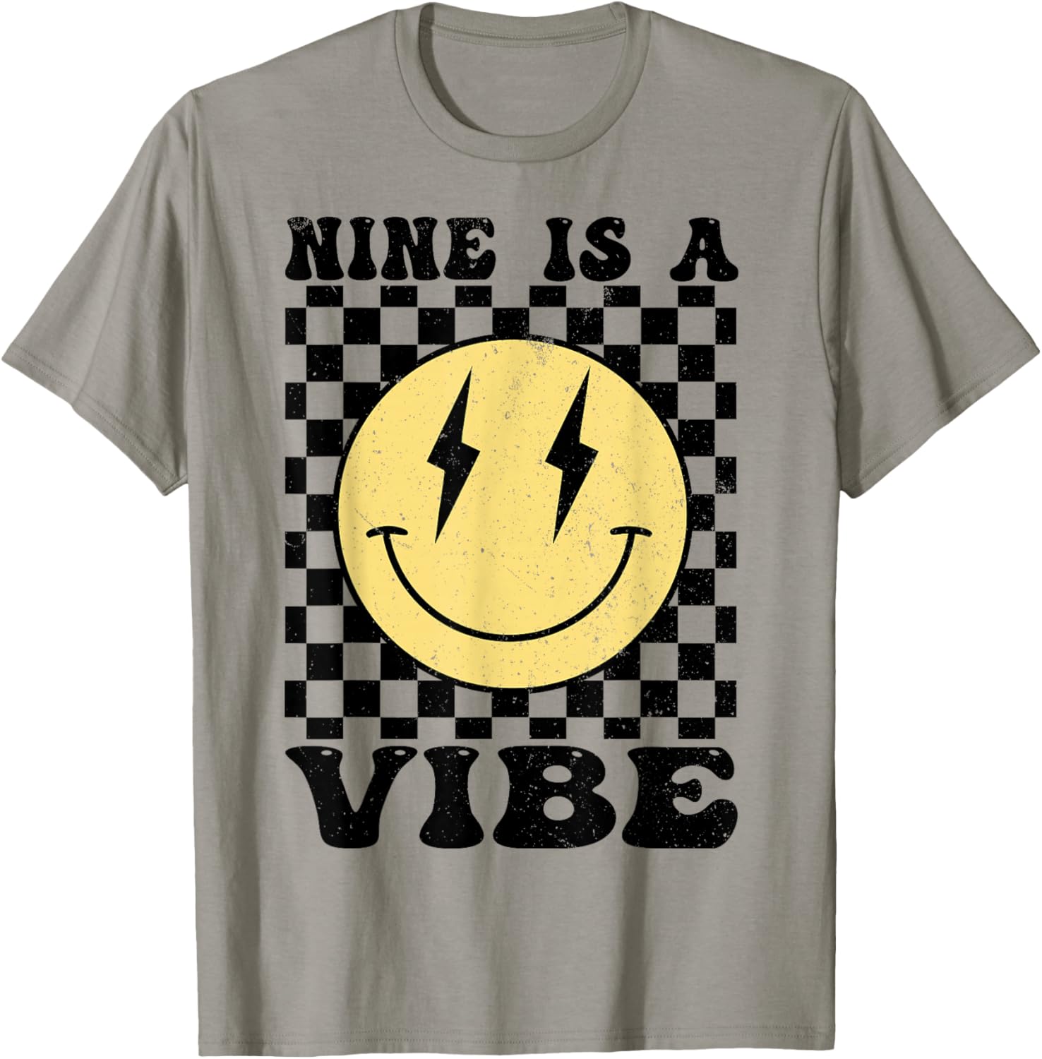 Nine is A Vibe 9 Years Old Birthday Happy Face 9th Birthday T-Shirt - T-Shirt | Sand