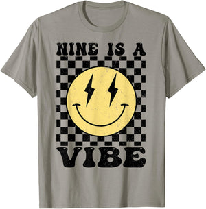 Nine is A Vibe 9 Years Old Birthday Happy Face 9th Birthday T-Shirt - T-Shirt | Sand