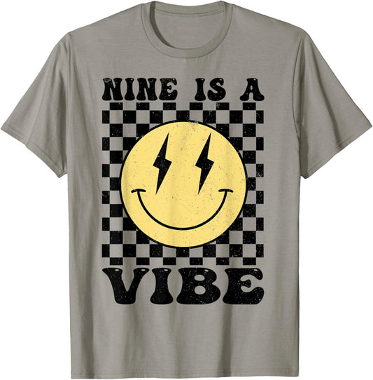 Nine is A Vibe 9 Years Old Birthday Happy Face 9th Birthday T-Shirt - T-Shirt | Sand