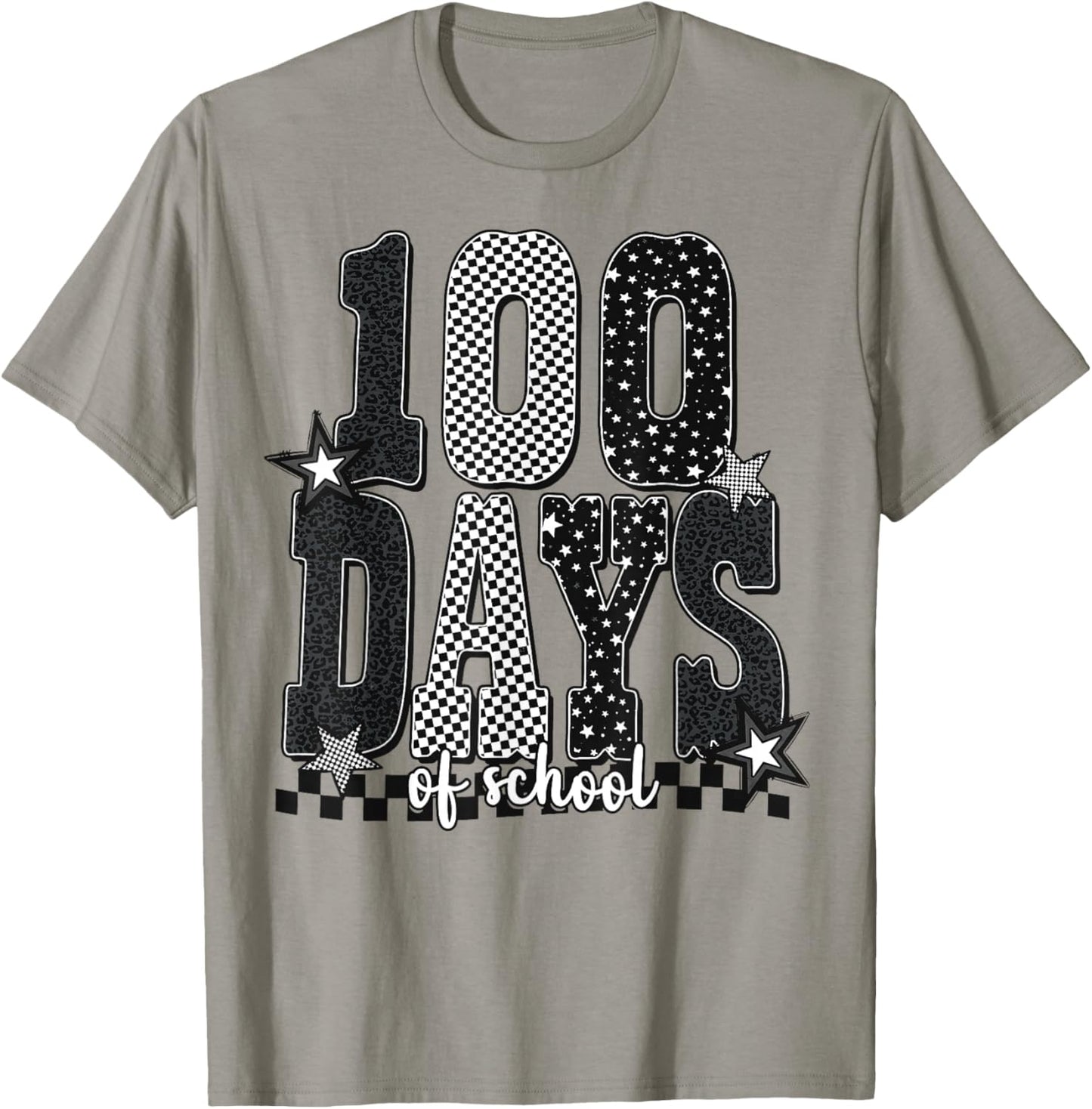 Black White Checkered Leopard 100 Days of School Stars T-Shirt - T-Shirt | Sand