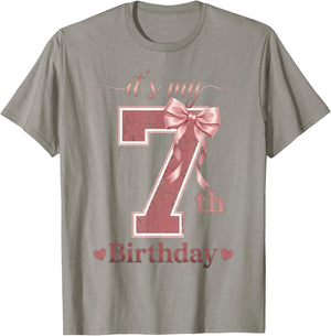 It's My 7th Birthday Girl Coquette Bow Pink 7 Year Old T-Shirt - T-Shirt | Sand