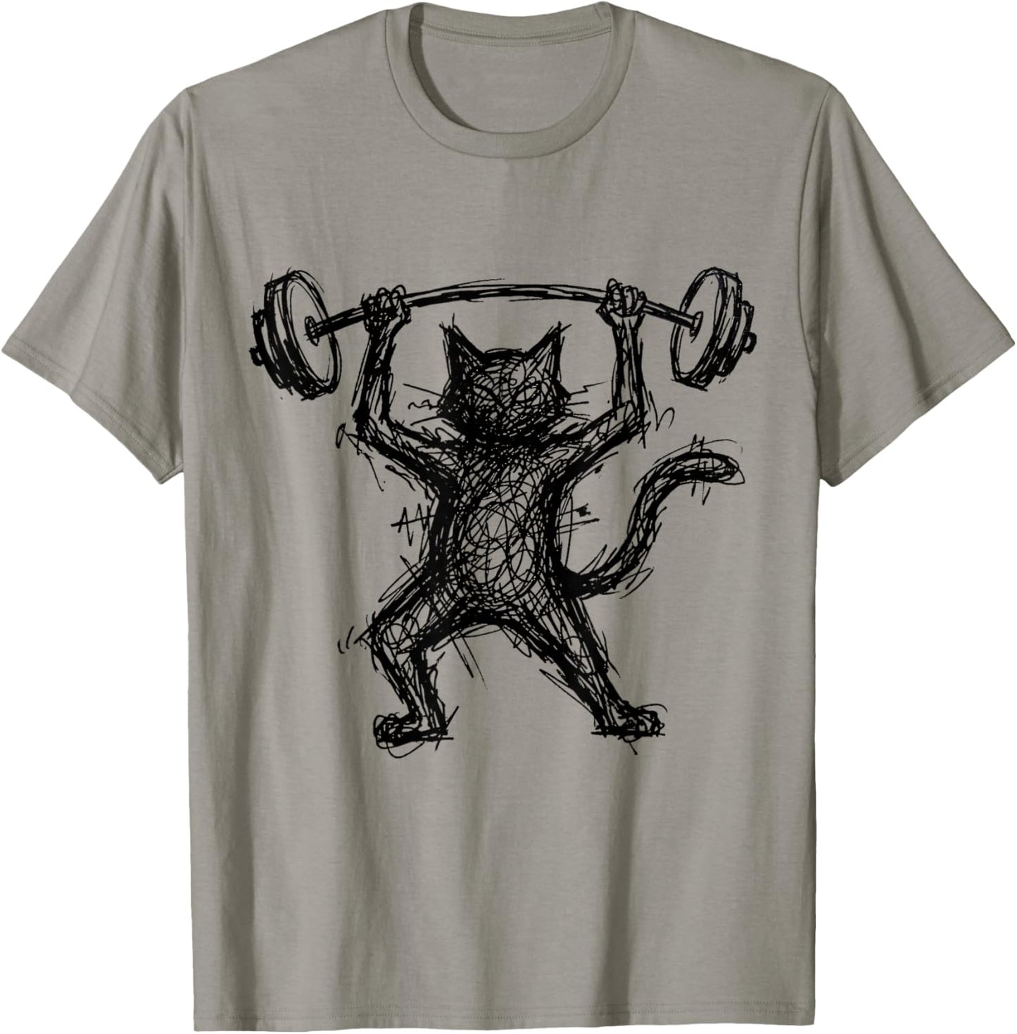 Cat Lifting Weights Abstract Scribble Art Gym Weightlifting T-Shirt - T-Shirt | Sand