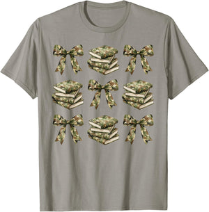 Camo Coquette Bow Teacher Bookish Girl Camouflage Reading T-Shirt - T-Shirt | Sand