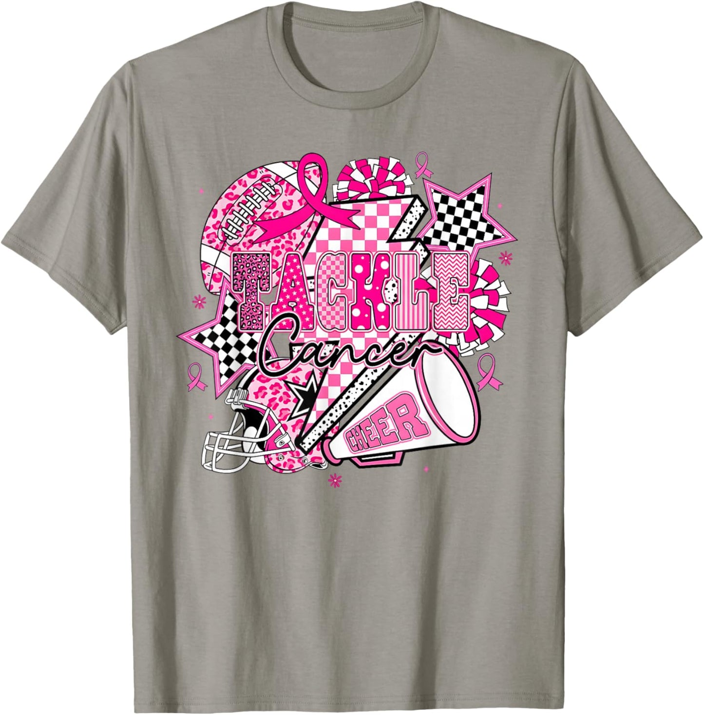 Tackle Cancer Football Cheer Breast Cancer Awareness T-Shirt - T-Shirt | Sand