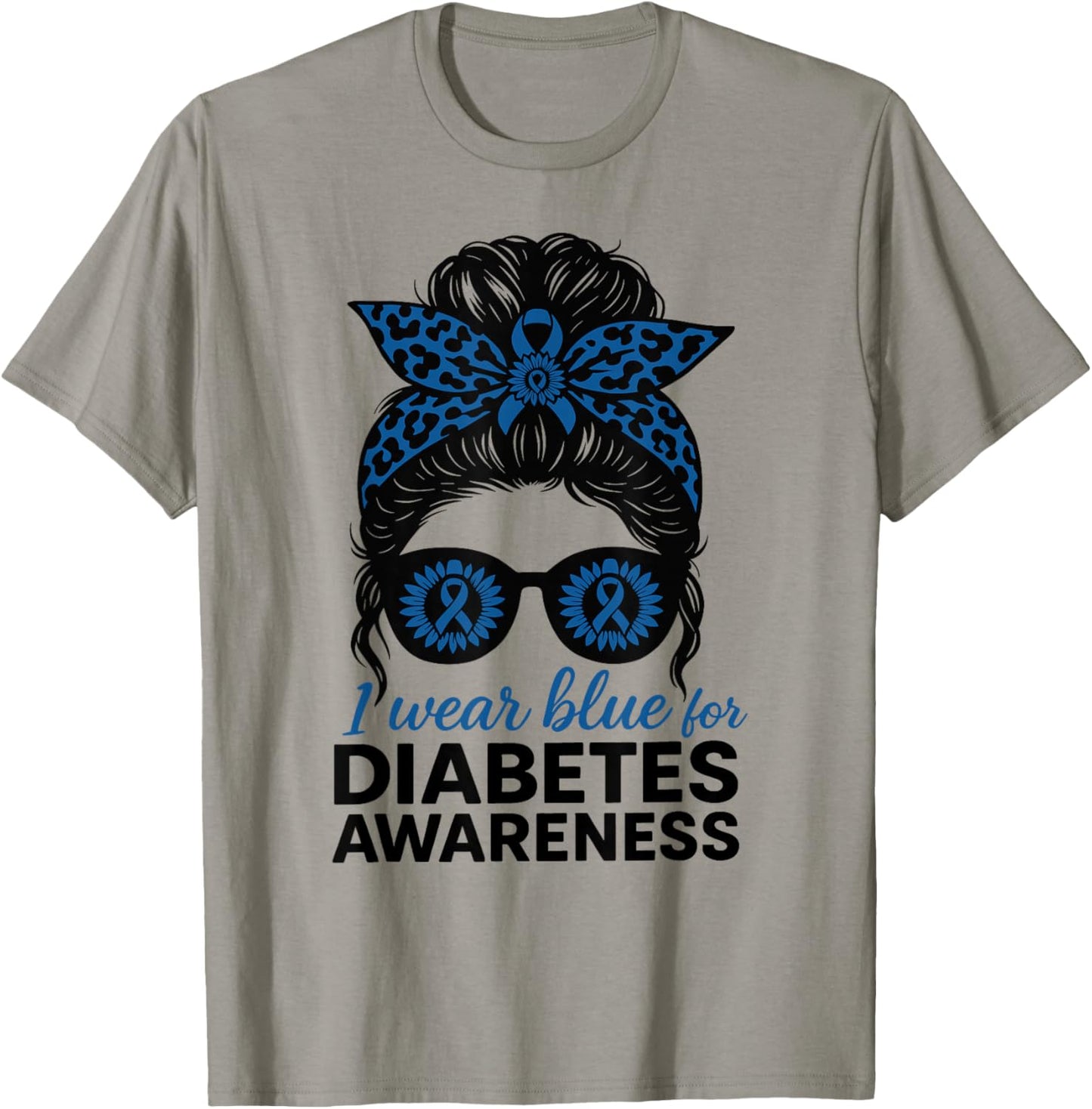 I Wear Blue for Diabetes Awareness Leopard Messy Bun T-Shirt - T-Shirt | Sand