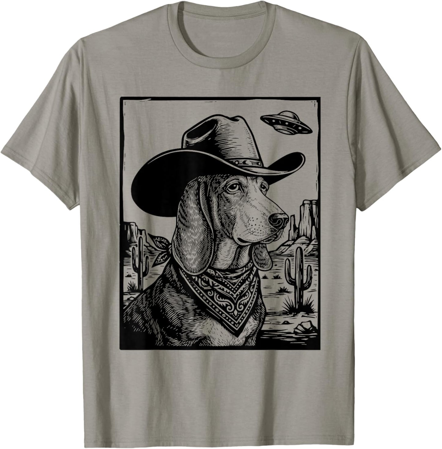 Cowboy Dog Basset Hound UFO Desert Western Sci-Fi Hound T-Shirt - T-Shirt | Sand