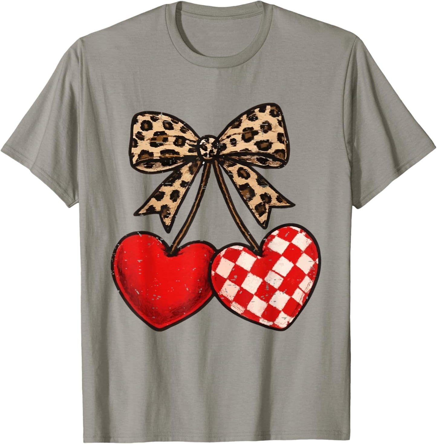 Leopard Coquette Bow Cherries Heart Funny Valentine Cherry T-Shirt - T-Shirt | Sand