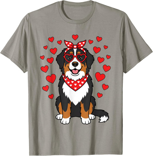Cute Bernese Mountain Dog Valentine Heart Glasses Bandana T-Shirt - T-Shirt | Sand