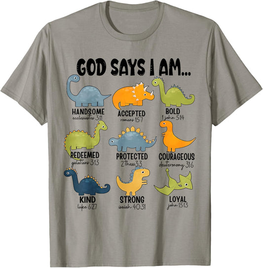 God Says I Am Outer Space Dinosaur Bible Christian Kids Boys T-Shirt - T-Shirt | Sand
