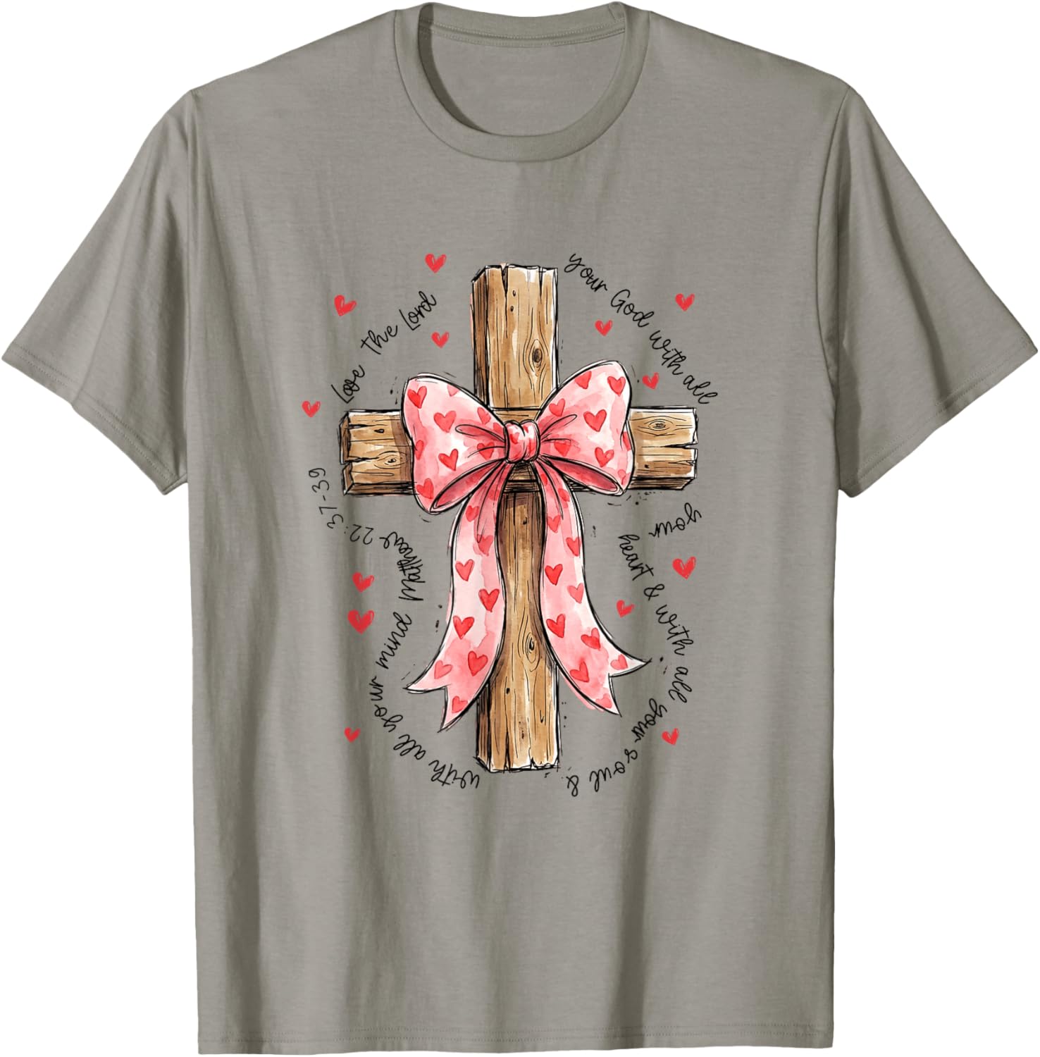 Love The Lord Christian Valentines Coquette Bow Cross Faith T-Shirt - T-Shirt | Sand