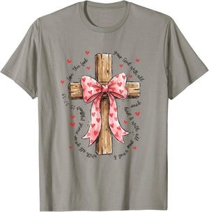Love The Lord Christian Valentines Coquette Bow Cross Faith T-Shirt - T-Shirt | Sand