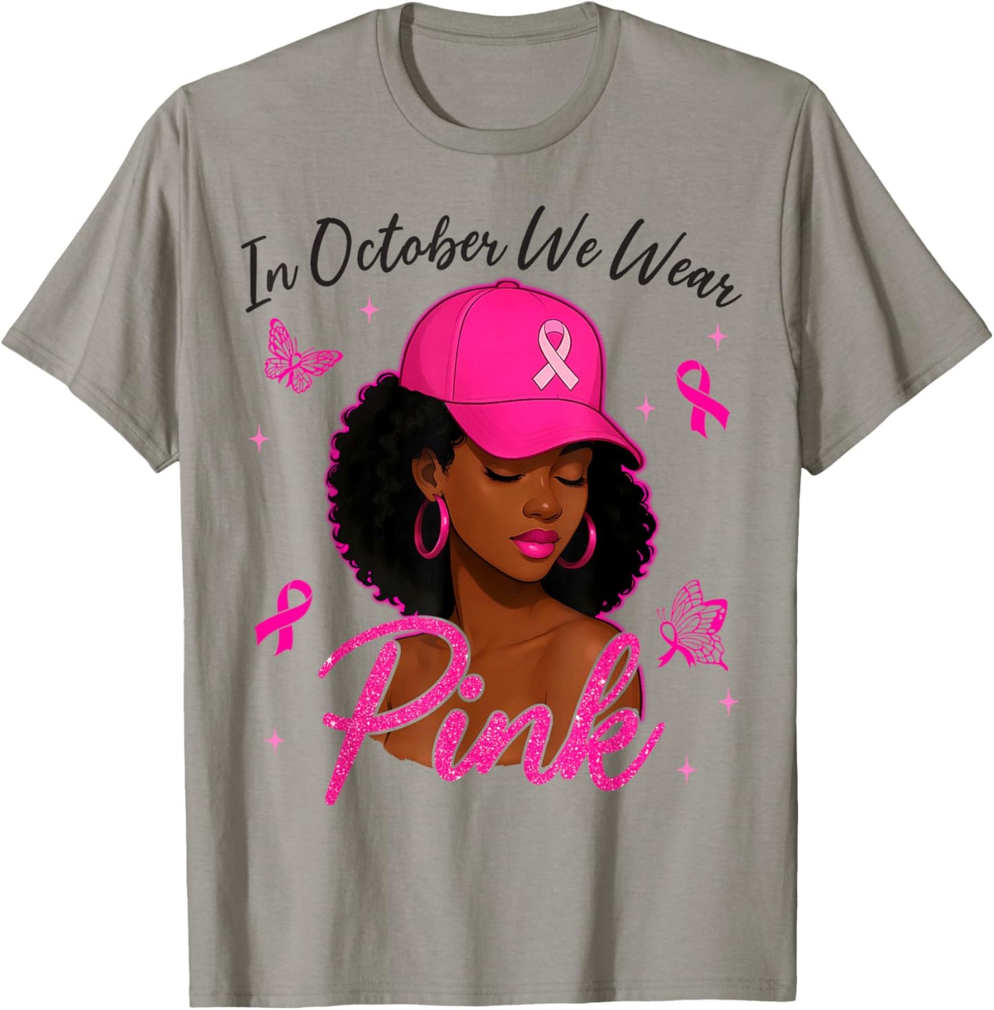 in October We Wear Pink Black Women Breast Cancer Awareness T-Shirt - T-Shirt | Sand