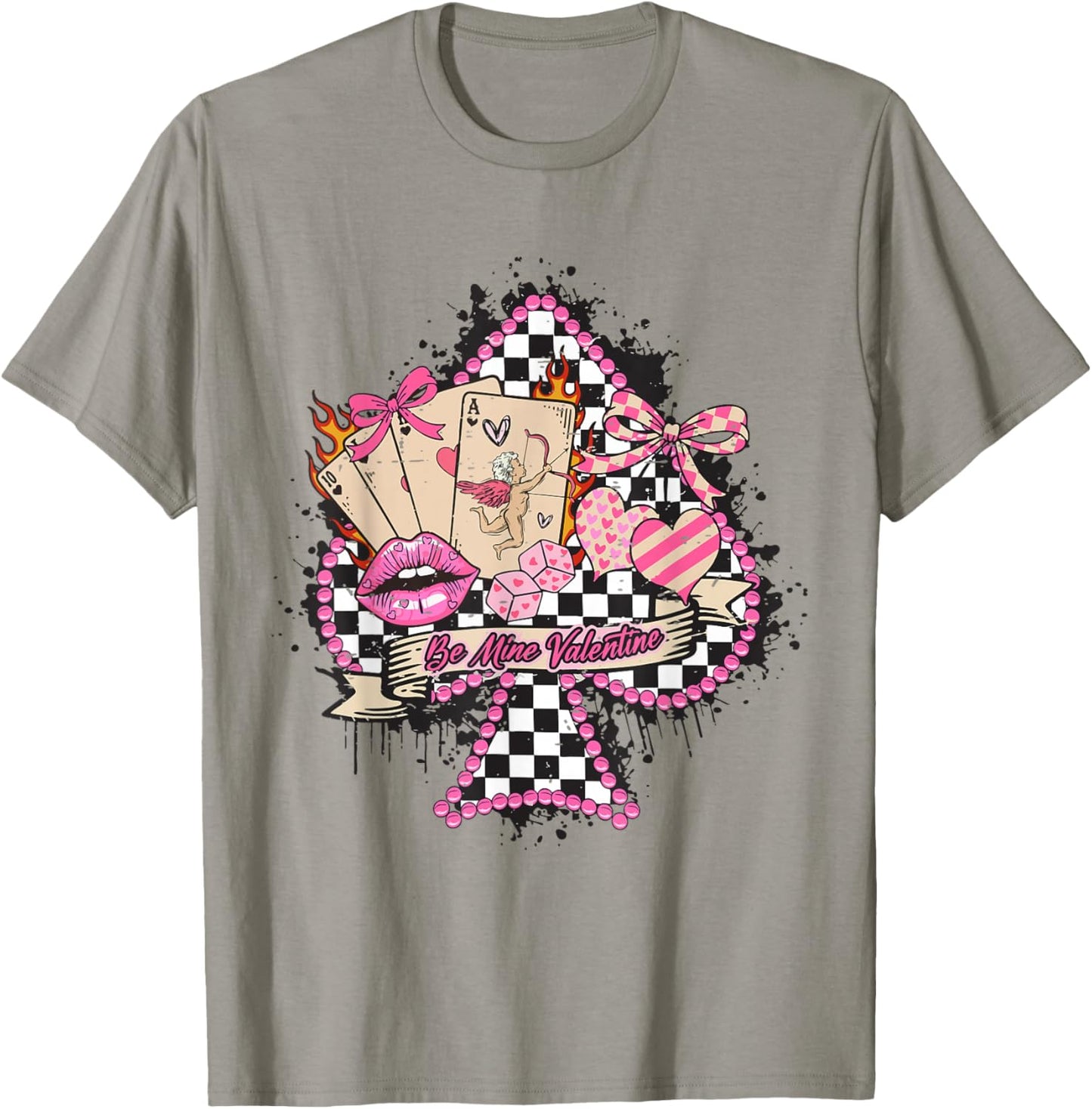 Retro Checkered Western Be Mine Valentine Cherry Bow Cupid T-Shirt - T-Shirt | Sand