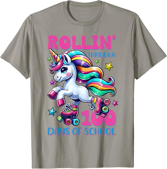 Rollin' Thought 100th Day of School Cute Unicorn Kids Girls T-Shirt - T-Shirt | Sand