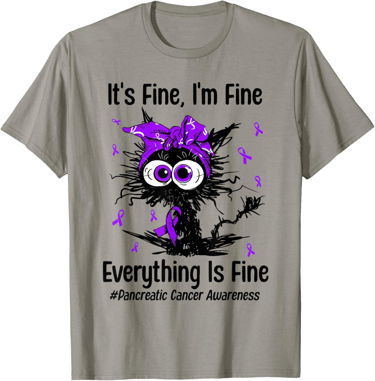 Motivational Pancreatic Cancer Awareness Cat Ribbon Purple T-Shirt - T-Shirt | Sand