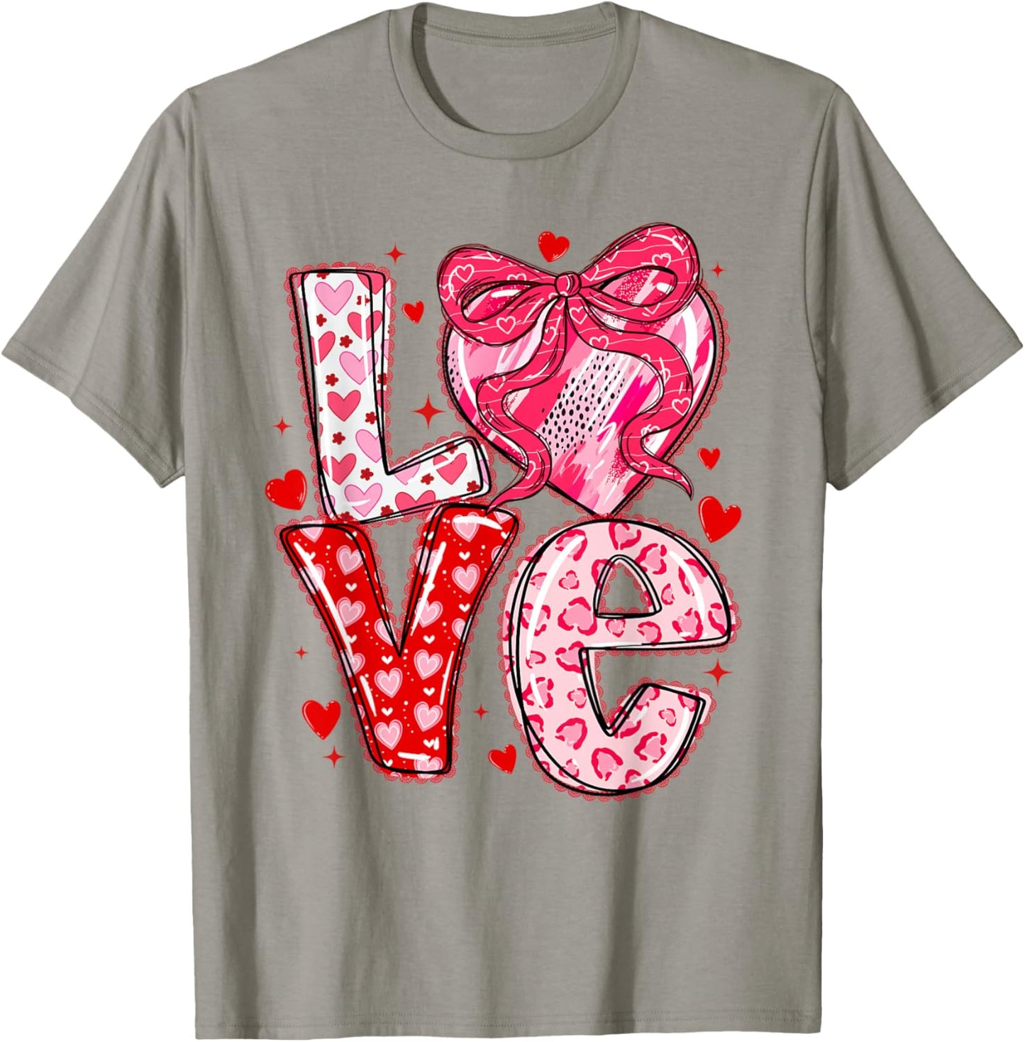 Valentines Day Love Hearts Leopard Coquette Bow Women Girls T-Shirt - T-Shirt | Sand