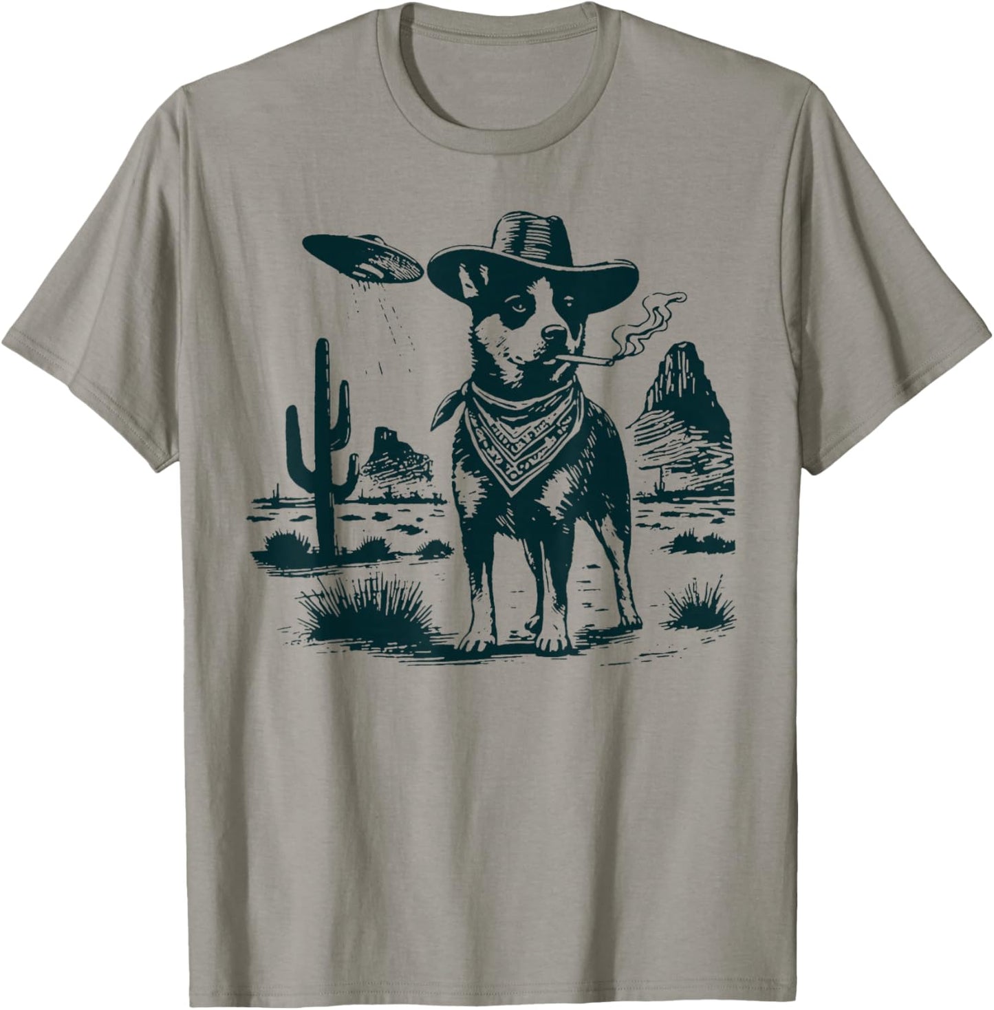 Australian Cattle Dog Smoking with UFO Western Cowboy Dog T-Shirt - T-Shirt | Sand