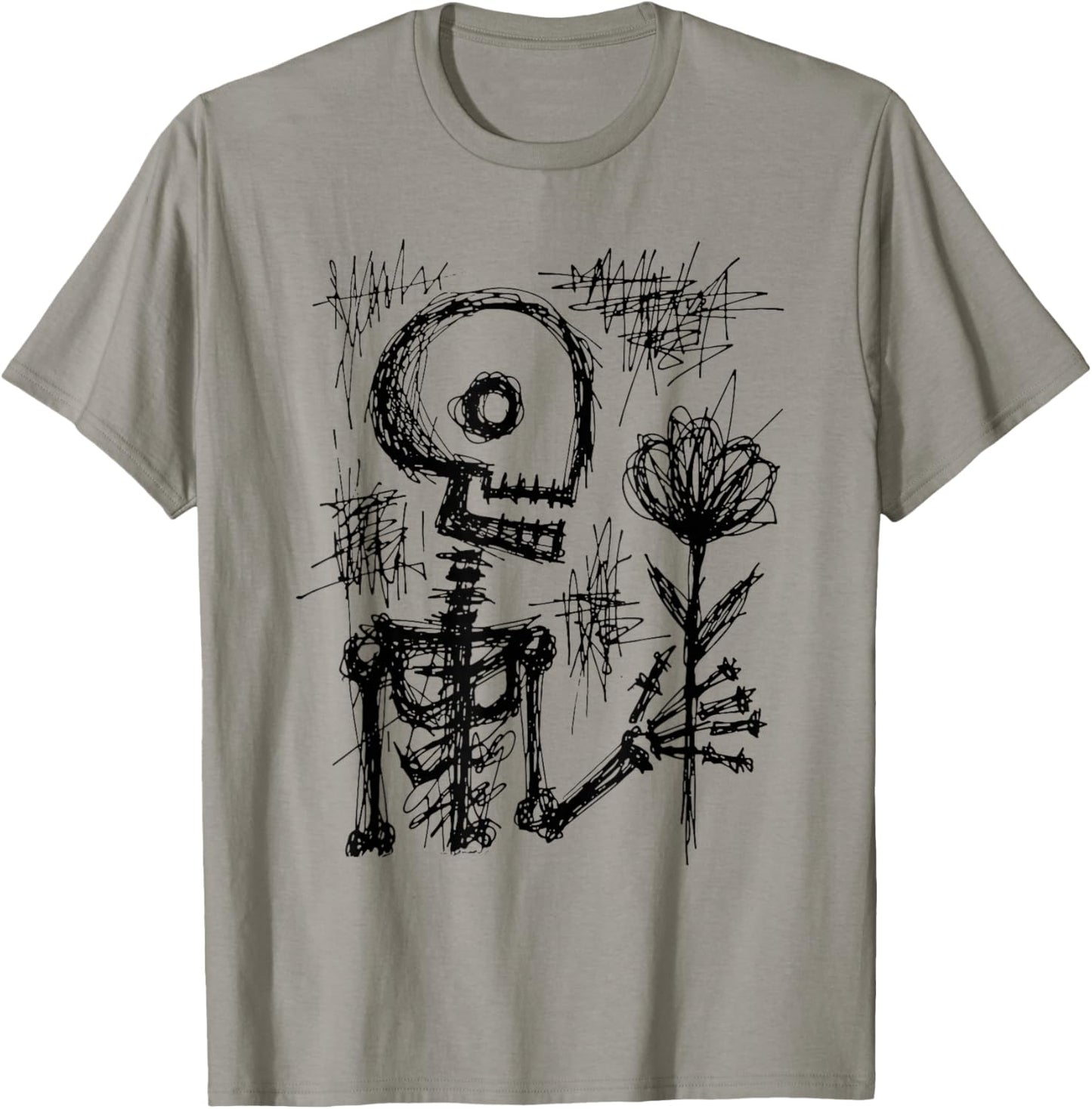 Hand Drawn Skeleton Holding Flower T-Shirt - T-Shirt | Sand
