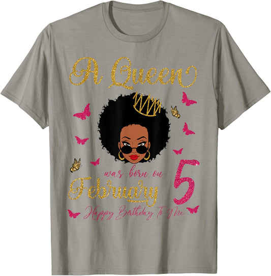 A Queen was Born On February 5 Black Queen Afro Hair Queen T-Shirt - T-Shirt | Sand