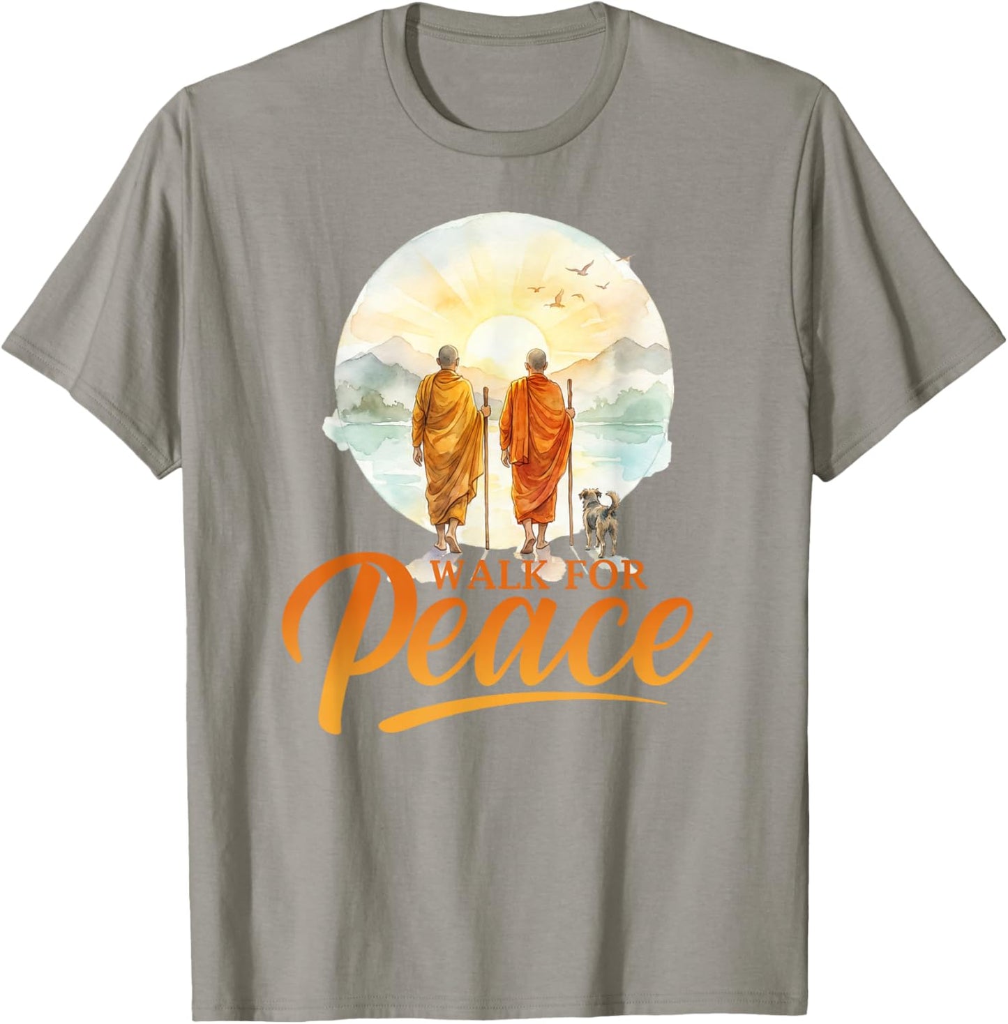 Walk for Peace Monks with Aloka Dog Minimalist Zen Art T-Shirt - T-Shirt | Sand