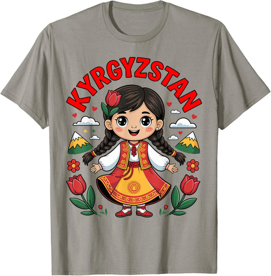 Cute Kyrgyz Girl in Traditional Dress with Tulips for Kids T-Shirt - T-Shirt | Sand