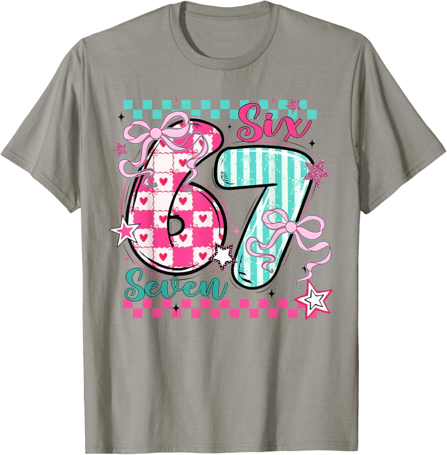 Valentine Six Seven 6 7 Coquette Bow Meme Heart Women Girl T-Shirt - T-Shirt | Sand