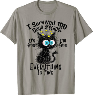 I Survived 100 Days of School It's I'm Everything Fine Cat T-Shirt - T-Shirt | Sand