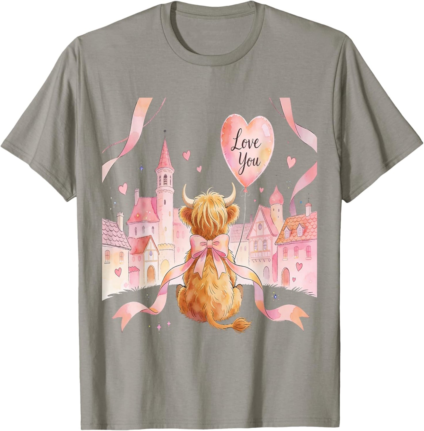 Coquette Bow Country Highland Cow Valentine Farmer Hearts T-Shirt - T-Shirt | Sand
