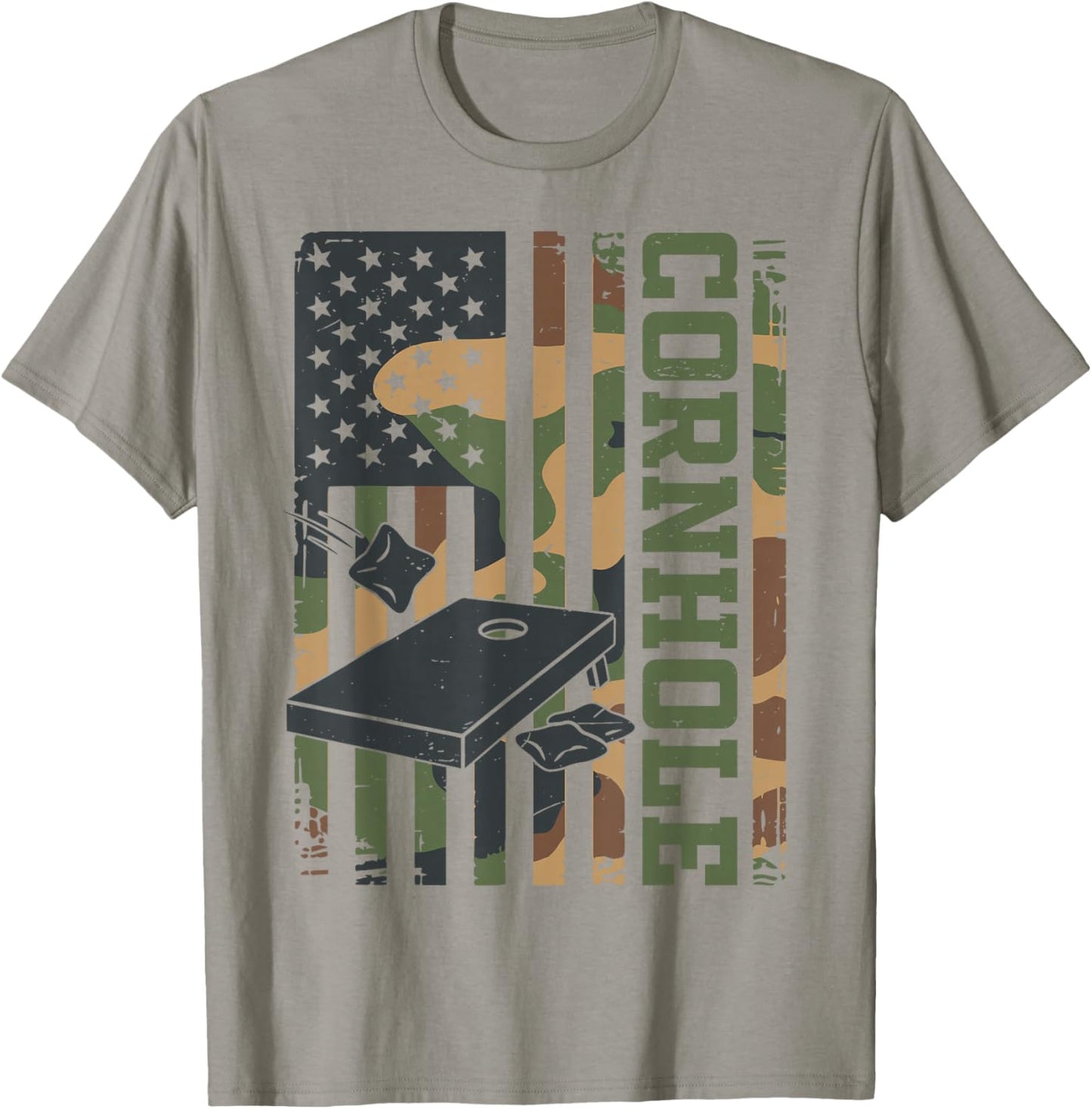 Daddy Cornhole Dad Team Camo American Flag Corn Hole Funny T-Shirt - T-Shirt | Sand