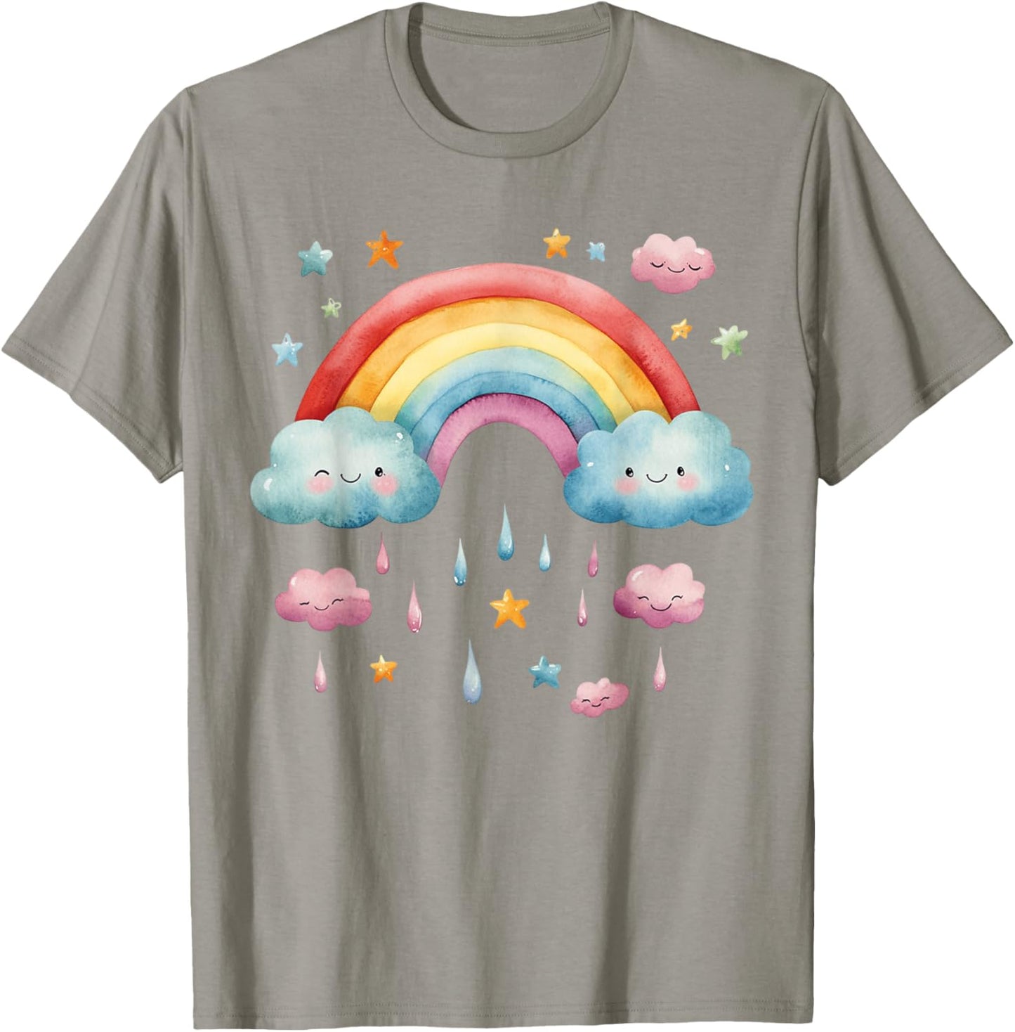 Rainbow with Cute Cloud and Rain T-Shirt - T-Shirt | Sand