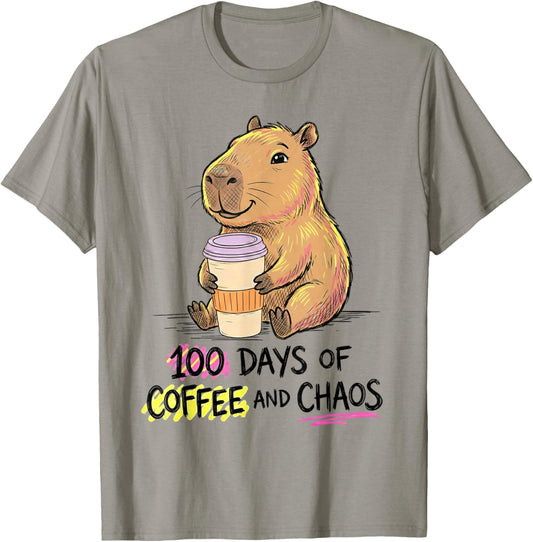 100 Days of Coffee & Chaos Capybara 100th Day of School T-Shirt - T-Shirt | Sand