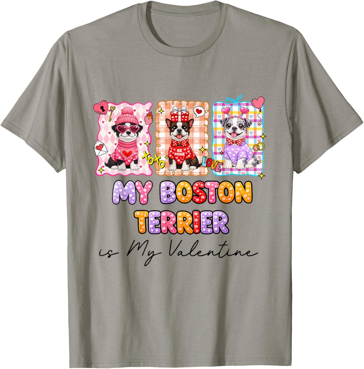 Boston Terrier is My Valentine Heart Retro Dog Love Cute T-Shirt - T-Shirt | Sand