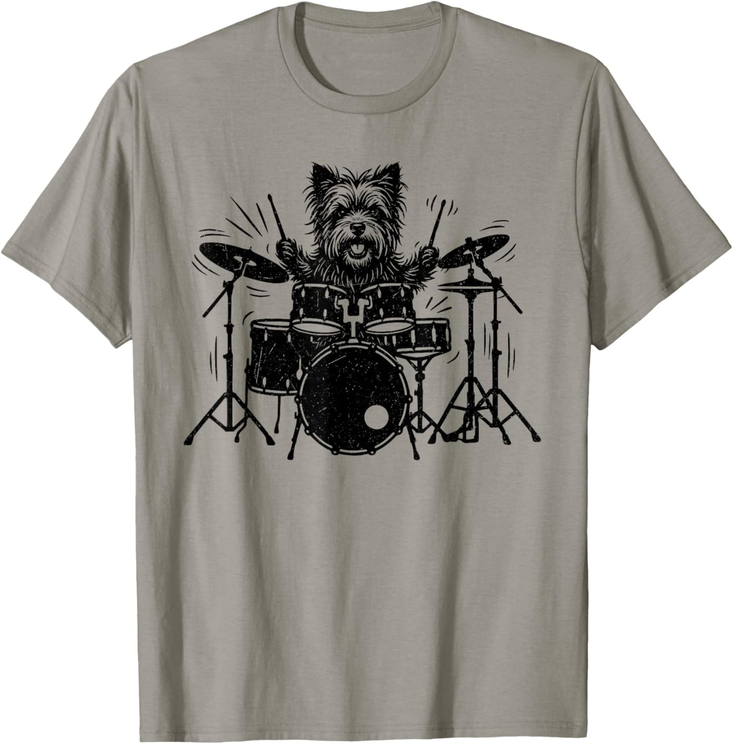 Vintage Yorkie Rock Funny Dog Playing Drums Rock Style T-Shirt - T-Shirt | Sand