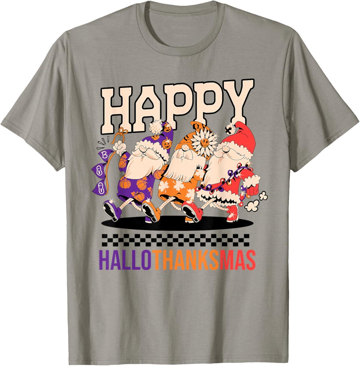 Happy HalloThanksMas Holiday Gnomes Design T-Shirt - T-Shirt | Sand