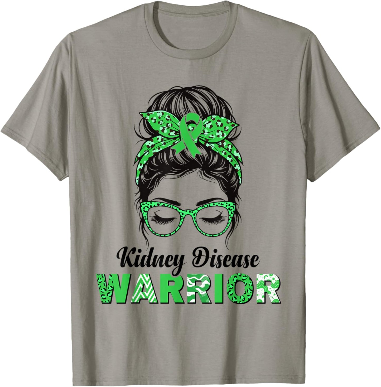 Kidney Disease Warrior Green Ribbon Messy bun Women T-Shirt - T-Shirt | Sand
