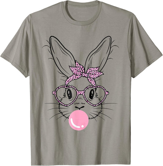 Bunny Face Leopard Glasses Bubble Gum Easter Day Girls Kids T-Shirt - T-Shirt | Sand