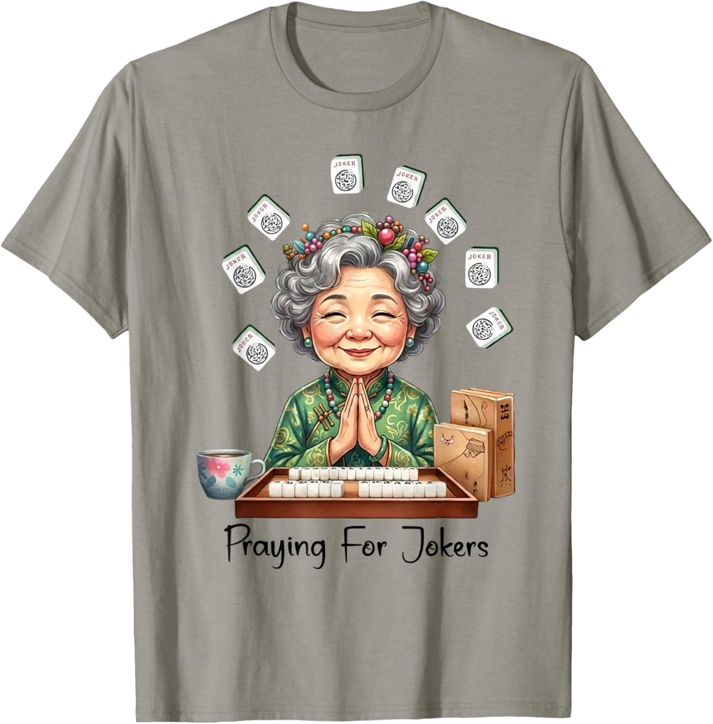 Mahjong Grandma Praying for Jokers Chinese Tile Game Day T-Shirt - T-Shirt | Sand
