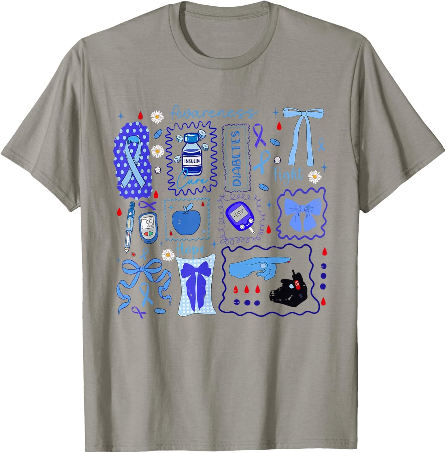 Blue Ribbon Type 1 Diabetes Awareness T1D Warrior Support T-Shirt - T-Shirt | Sand