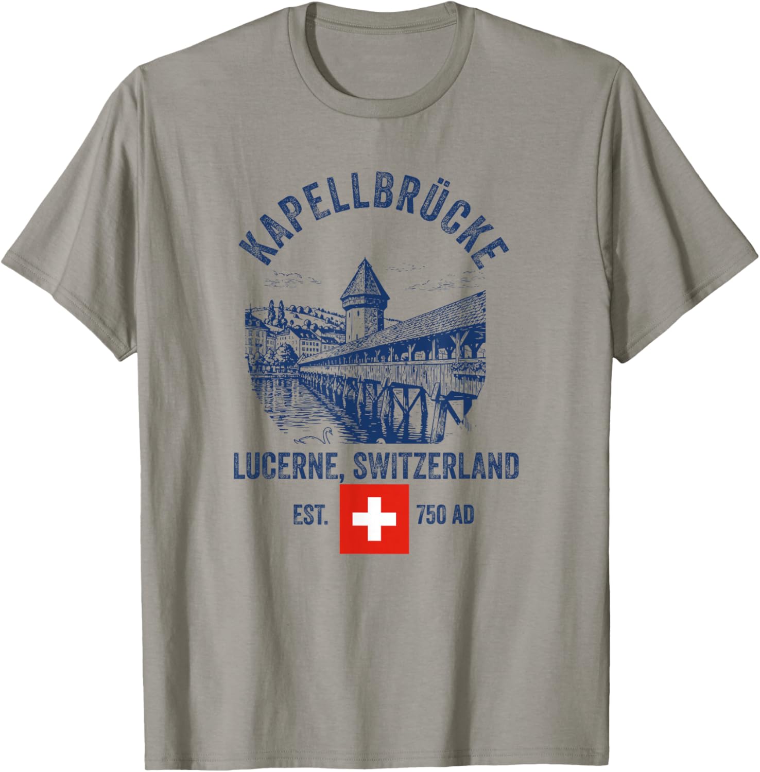 Lucerne Switzerland Flag Skyline Souvenir Bridge Chapel T-Shirt - T-Shirt | Sand