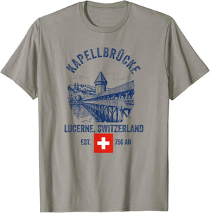 Lucerne Switzerland Flag Skyline Souvenir Bridge Chapel T-Shirt - T-Shirt | Sand