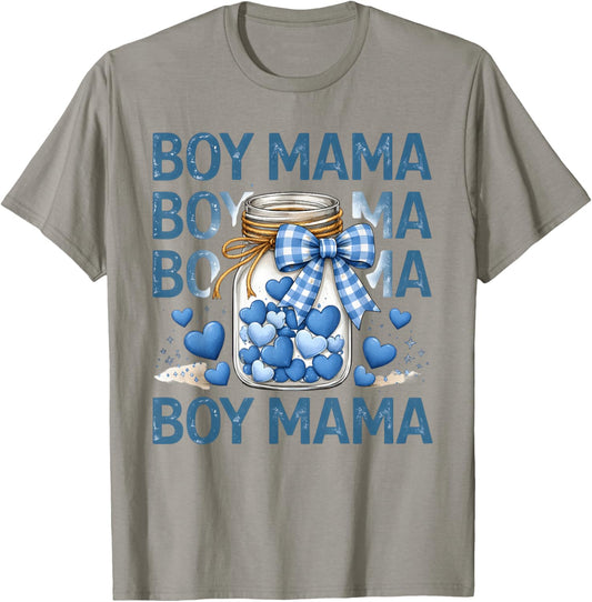 Proud Boy Mama Blue Hearts Mason Jar Gingham Bow T-Shirt - T-Shirt | Sand