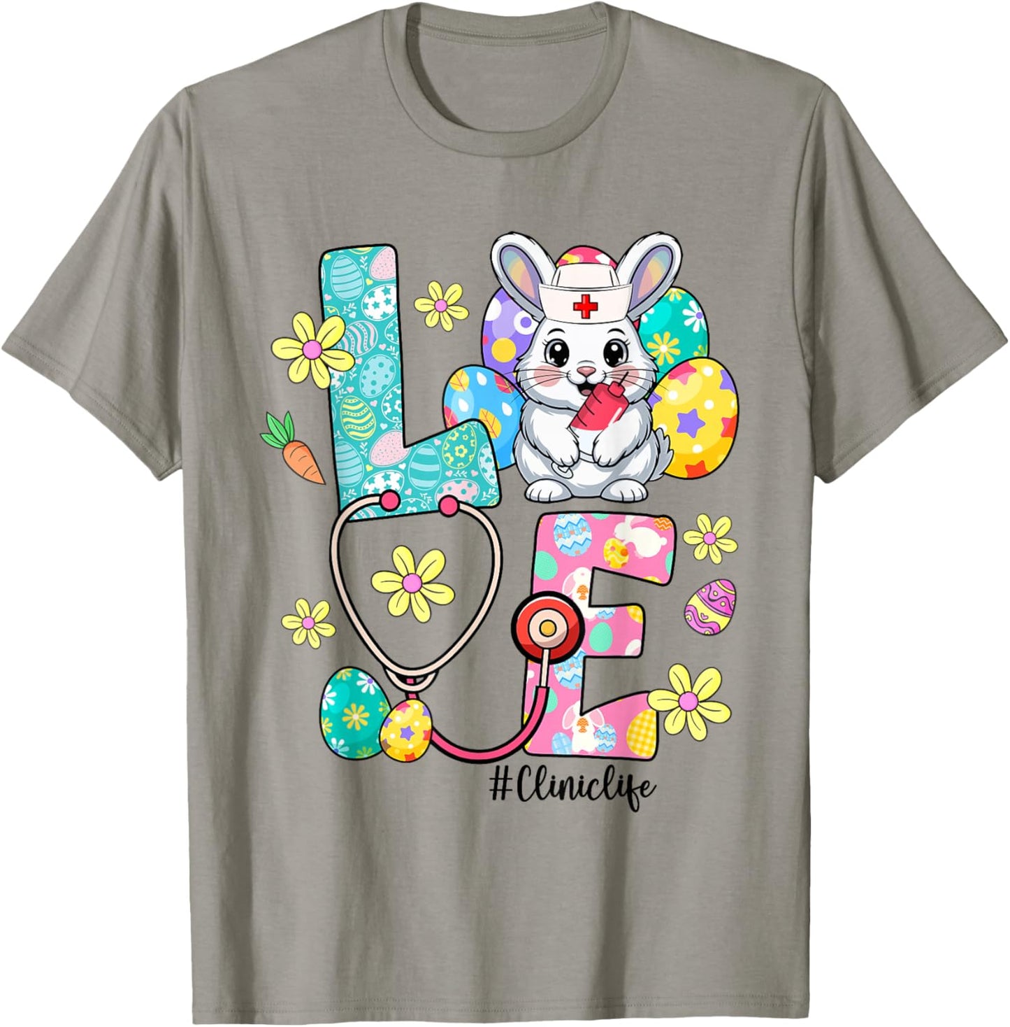 Love Clinic Life Bunny Stethoscope Easter T-Shirt - T-Shirt | Sand