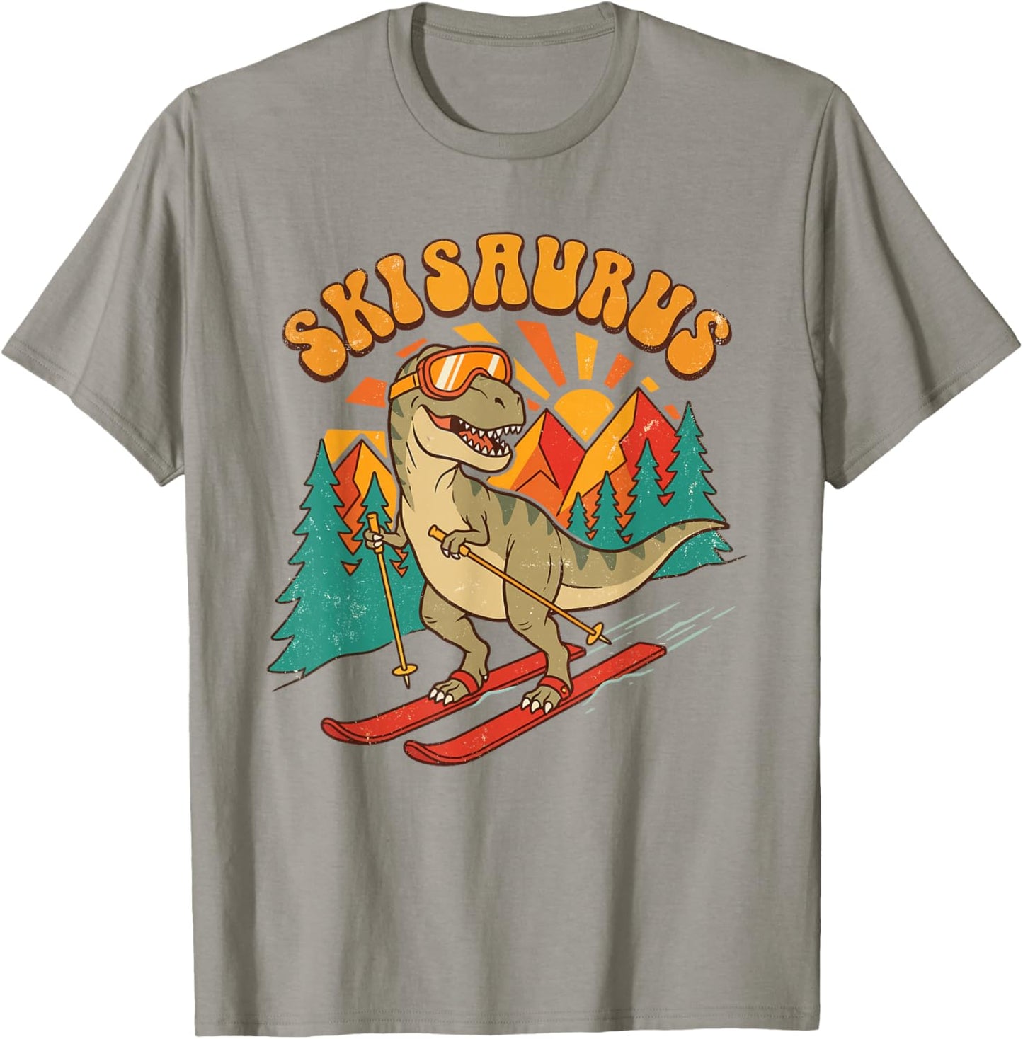 Skisaurus Skiing Dinosaur Vintage Winter Sports T-Shirt - T-Shirt | Sand